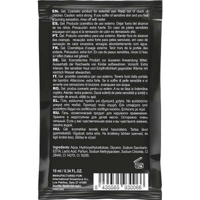 Embalagem preta de gel cosmético com texto multilíngue e informações do fabricante