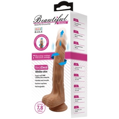 Vibrador realista bege em embalagem branca com texto e setas azuis indicando função de rotação e vibração