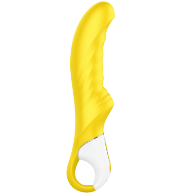 Vibrador amarelo com punho branco em fundo branco