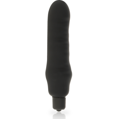 Vibrador preto com botão na base sobre fundo branco