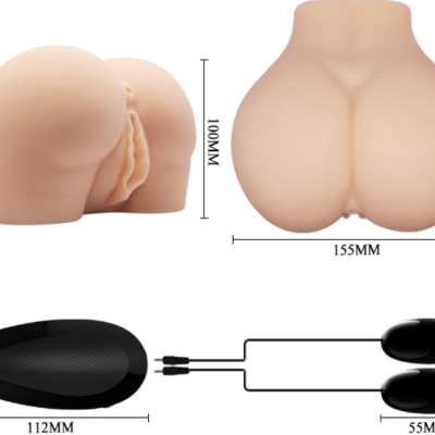 Produto em forma de nádegas bege com acessórios pretos e medidas indicadas