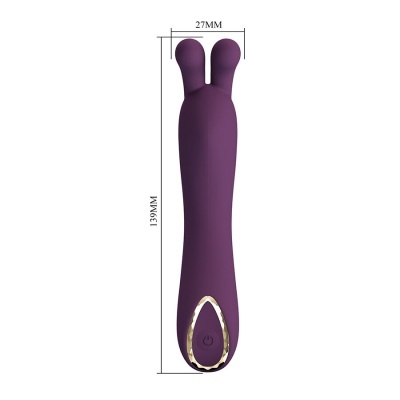 Vibrador roxo com dupla ponta arredondada e botão dourado