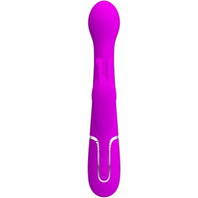 Vibrador roxo em silicone com detalhes brancos sobre fundo branco