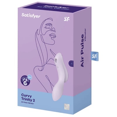 Embalagem lilás e azul claro de vibrador Satisfyer Curvy Trinity 2 com texto e ilustração minimalista