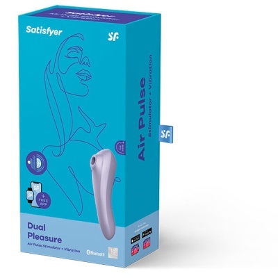 Embalagem azul com desenho de rosto feminino e estimulador sexual Dual Pleasure da Satisfyer