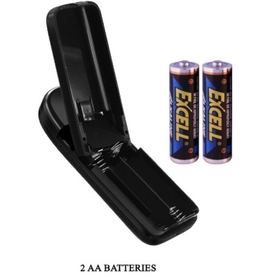 Suporte negro aberto com duas pilhas AA Excell azuis e amarelas ao lado, texto 2 AA BATTERIES
