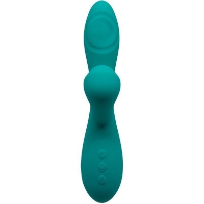 Vibrador azul em silicone com três botões e formato ergonómico