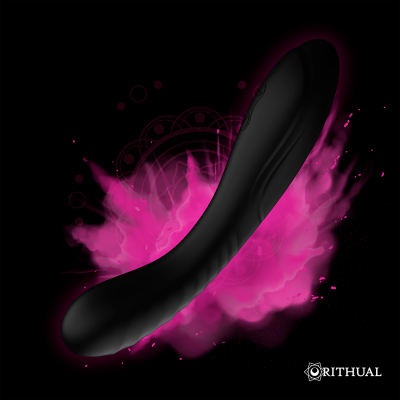 Vibrador preto curvo com botões, fundo preto e efeito cor-de-rosa