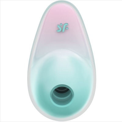 Dispositivo oval rosa e verde água com orifício e símbolo S/F