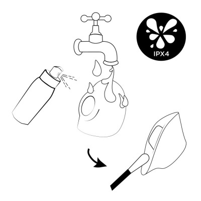 Desenho com torneira, cabeça, pulverizador, aspirador de mão e símbolo IPX4