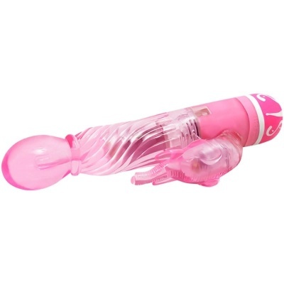 Vibrador rosa translúcido com extensão em forma de coelho