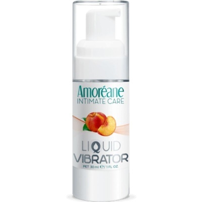 Frasco branco Amoreane Intimate Care Liquid Vibrator com imagem de pêssego