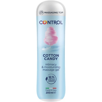 Frasco azul claro de gel de massagem íntima Control Cotton Candy com tampa branca e algodão doce rosa