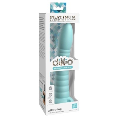 Dildo azul claro em embalagem branca com texto PLATINUM CURED SILICONE.