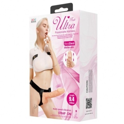 Embalagem de arnês com modelo feminino e texto promocional