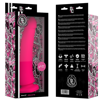Embalagem de vibrador rosa com padrões decorativos rosa e preto mostrando frente e verso.
