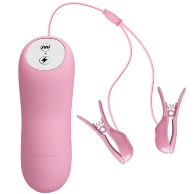 Dispositivo rosado com cabo e dois clips rosados com botão branco e ícones