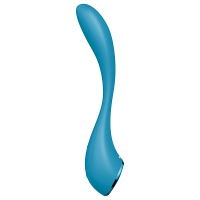 Vibrador azul curvo em fundo branco
