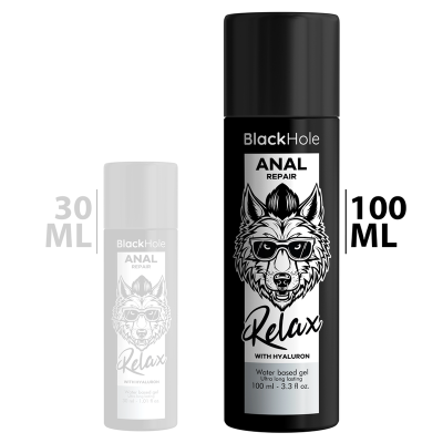Dois frascos pretos e brancos de gel BlackHole ANAL REPAIR Relax com diferentes tamanhos.