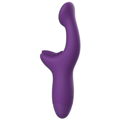 Vibrador sexual roxo com design anatómico e textura em silicone
