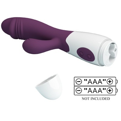 Vibrador roxo e branco com botões e tampa removível, acompanhado por ilustração de pilhas AAA.