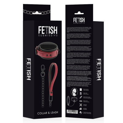 Embalagem de coleira e trela em couro vermelho e preto com corrente preta da marca FETISH SUBMISSIVE