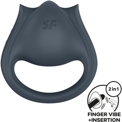 anel vibratório sexual preto com logotipo SF e uso 2 em 1 para dedo e inserção