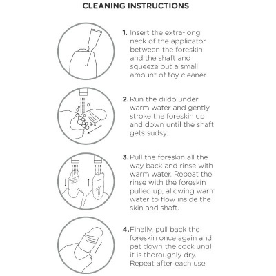 Instruções de limpeza com quatro ilustrações e texto explicativo em inglês sobre como limpar um dildo.