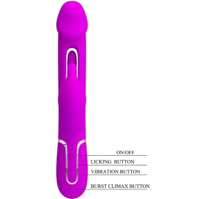 Vibrador rosa com botões e texto explicativo
