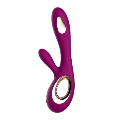 Vibrador roxo em silicone com pega circular e detalhes dourados e brancos.