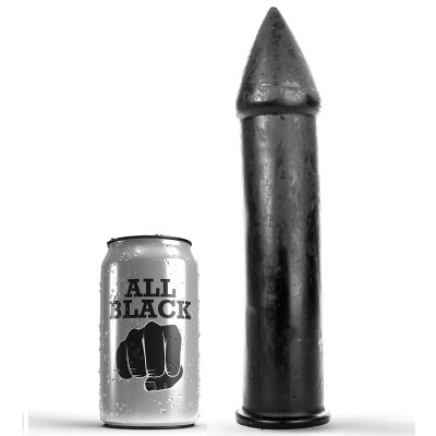 Lata de bebida ALL BLACK cinza com punho preto e objeto cilíndrico preto grande ao lado