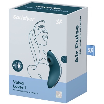 Embalagem do Satisfyer Air Pulse Vulva Lover 1 azul e branco com desenho linha de rosto feminino