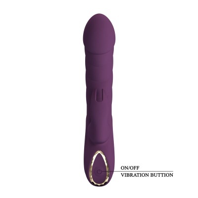 Vibrador roxo com botão de ligar/desligar em fundo branco
