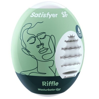Embalagem verde menta e preta do masturbador Satisfyer Sf Riffle Masturbator Egg com desenho de rosto e textura interna visível