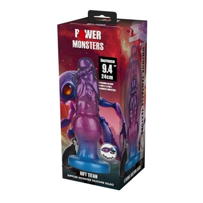 Embalagem de dildo de silicone roxo e azul com textura ondulada e base de sucção