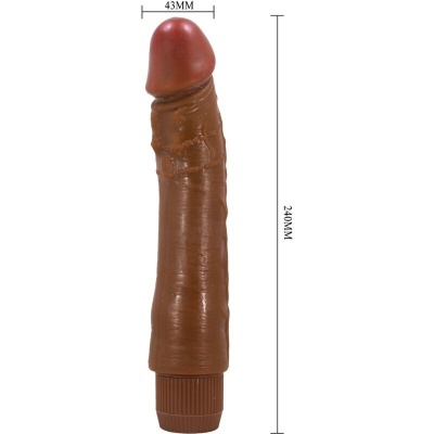 Vibrador em formato de pénis castanho com medidas visíveis