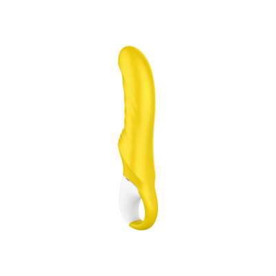 Vibrador amarelo e branco com textura ondulada num fundo branco