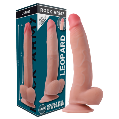 Dildo cor de pele com ventosa e embalagem azul e preta