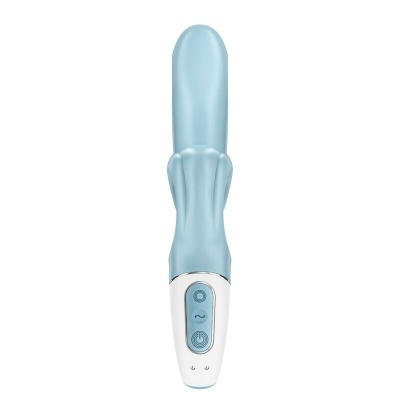 Vibrador azul claro com base branca e botões azuis.