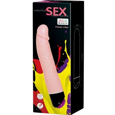 Embalagem com vibrador em forma de pénis, cor de pele, base preta, texto colorido