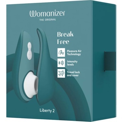 Embalagem verde da Womanizer Liberty 2 com texto e imagem do produto.