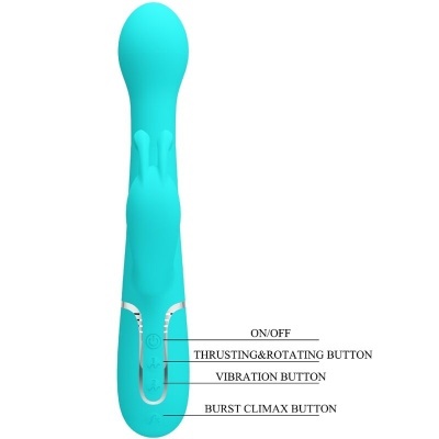 Vibrador azul turquesa com botões de controlo visíveis