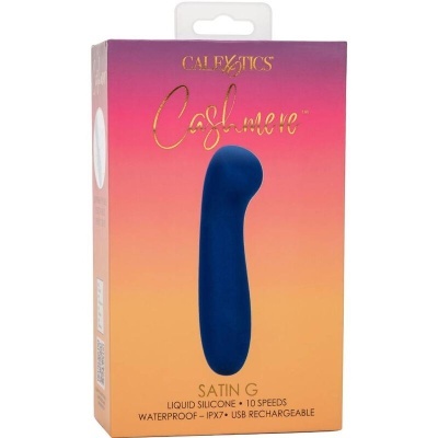 Embalagem com vibrador azul de silicone líquido, marca CalExotics Cashmere Satin G