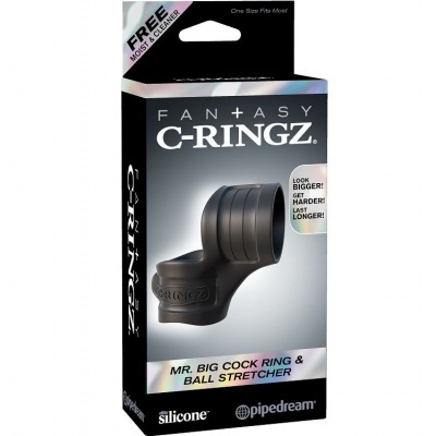 Embalagem de anel peniano e extensor de testículos de silicone preto.