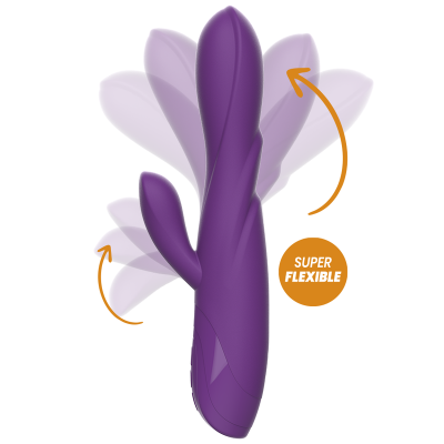 Vibrador roxo flexível com duplo atuador e etiqueta 'SUPER FLEXIBLE'
