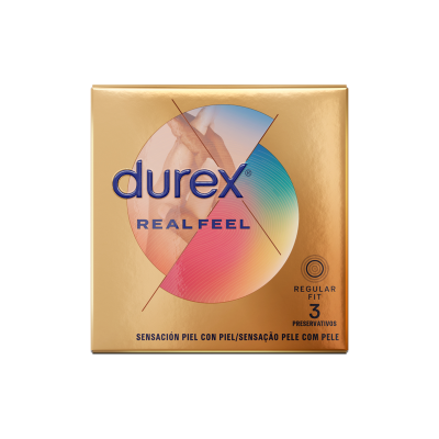 Embalagem dourada de preservativos Durex Real Feel com texto e círculo colorido.
