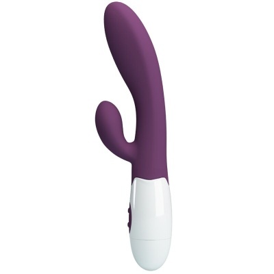 Vibrador roxo com base branca e design curvo com braço adicional