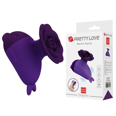 Mini vibrador roxo em forma de golfinho com flor roxa e embalagem branca