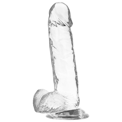 Dildo transparente e translúcido com texturas realistas em fundo branco