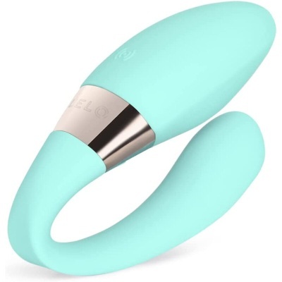 Vibrador azul claro em silicone com detalhe metálico e texto LELO